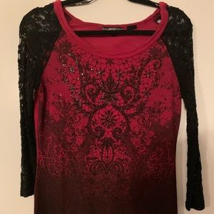 Red and black top with lace sleeves